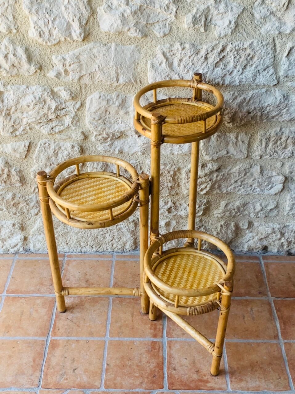 Vintage folding plant holder in bamboo and rattan, circa 1970's