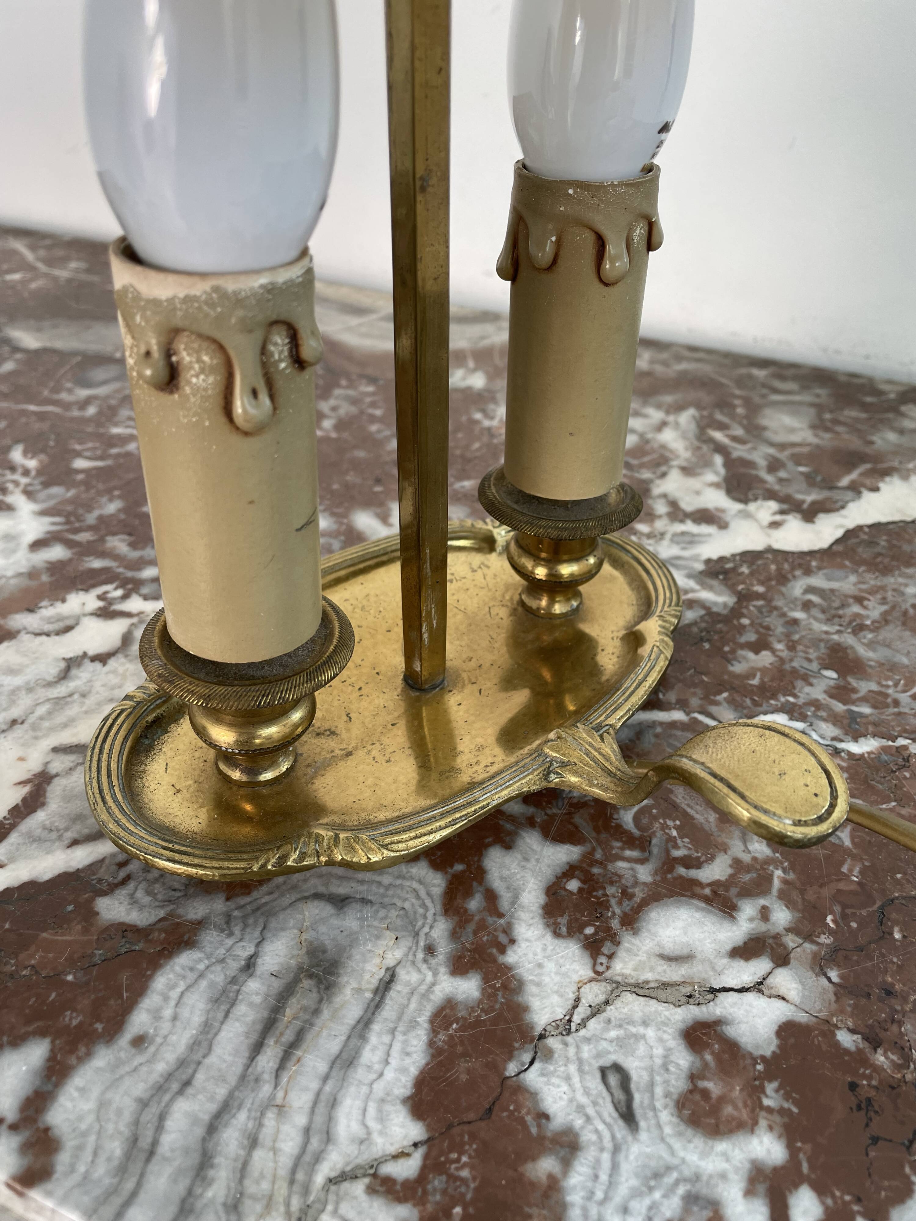 Louis XVI style two-light bouillotte lamp, green lampshade, hand-painted