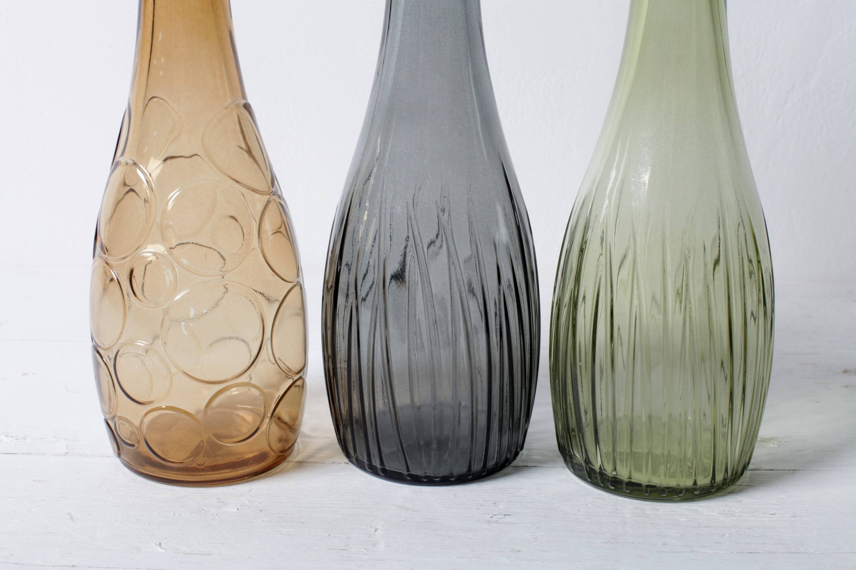 Set of 3 Grey, Green and Amber Glass Vases / Colored Bottles / Ikea / 2000s