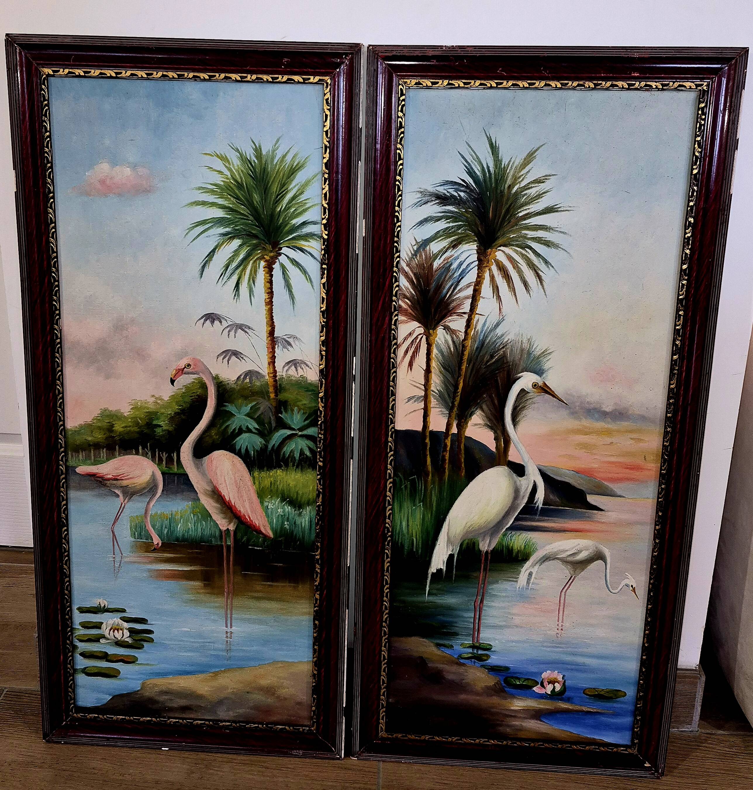 Pair of oil paintings on canvas depicting tropical birds.