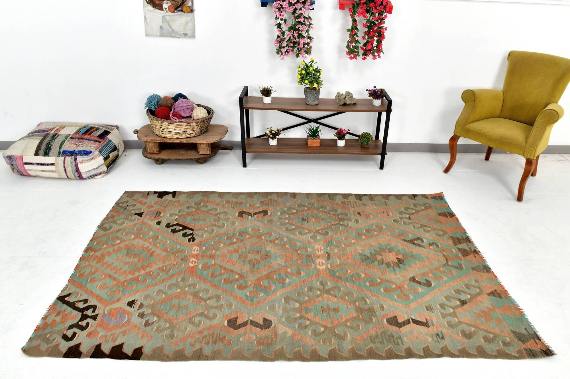 5x8 Blue & Brown Turkish Vintage Kilim Rug, 153x235Cm SK 35166
