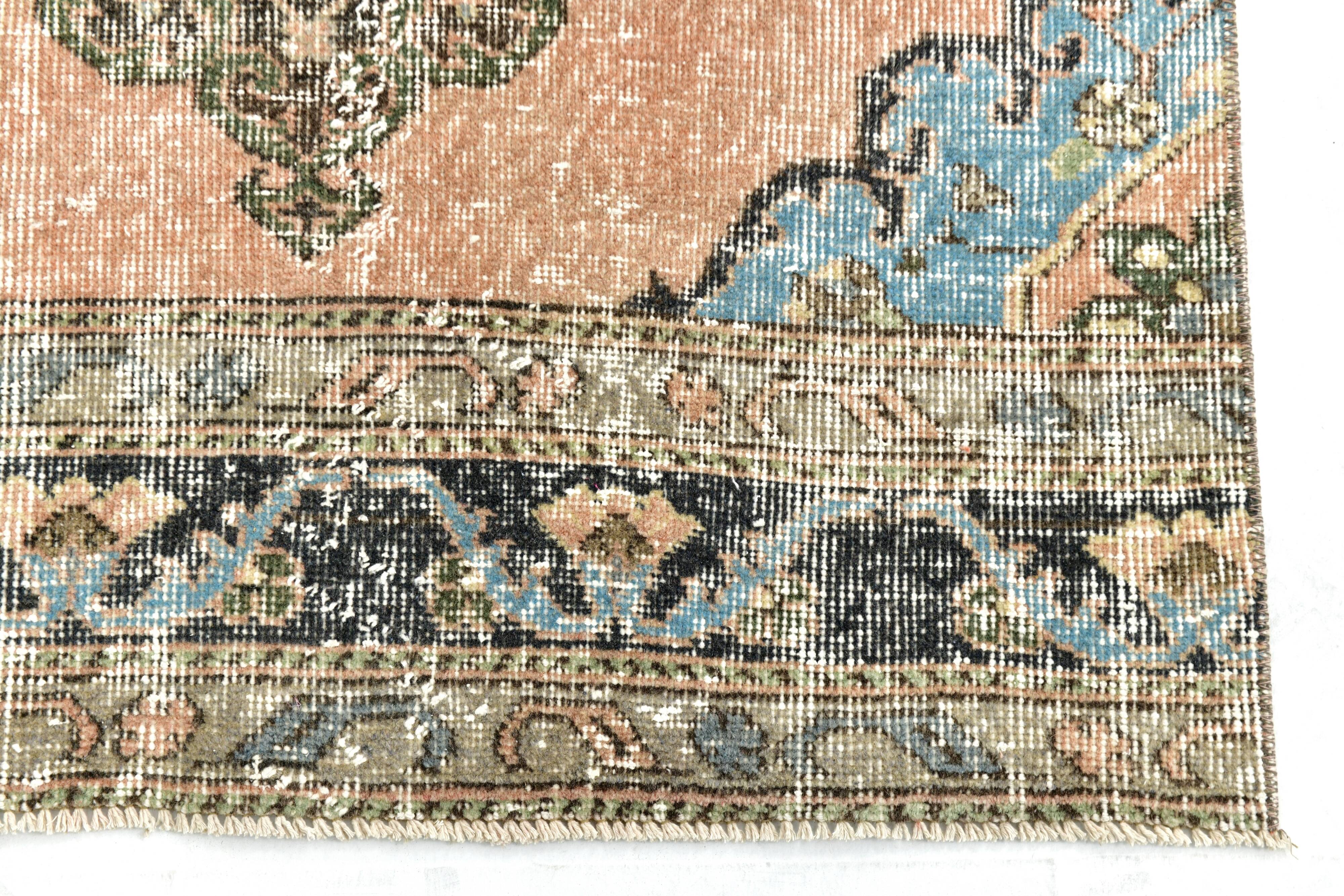 3x12 Salmon & Blue Turkish Vintage Runner Rug, Antique Rugs For Hallway