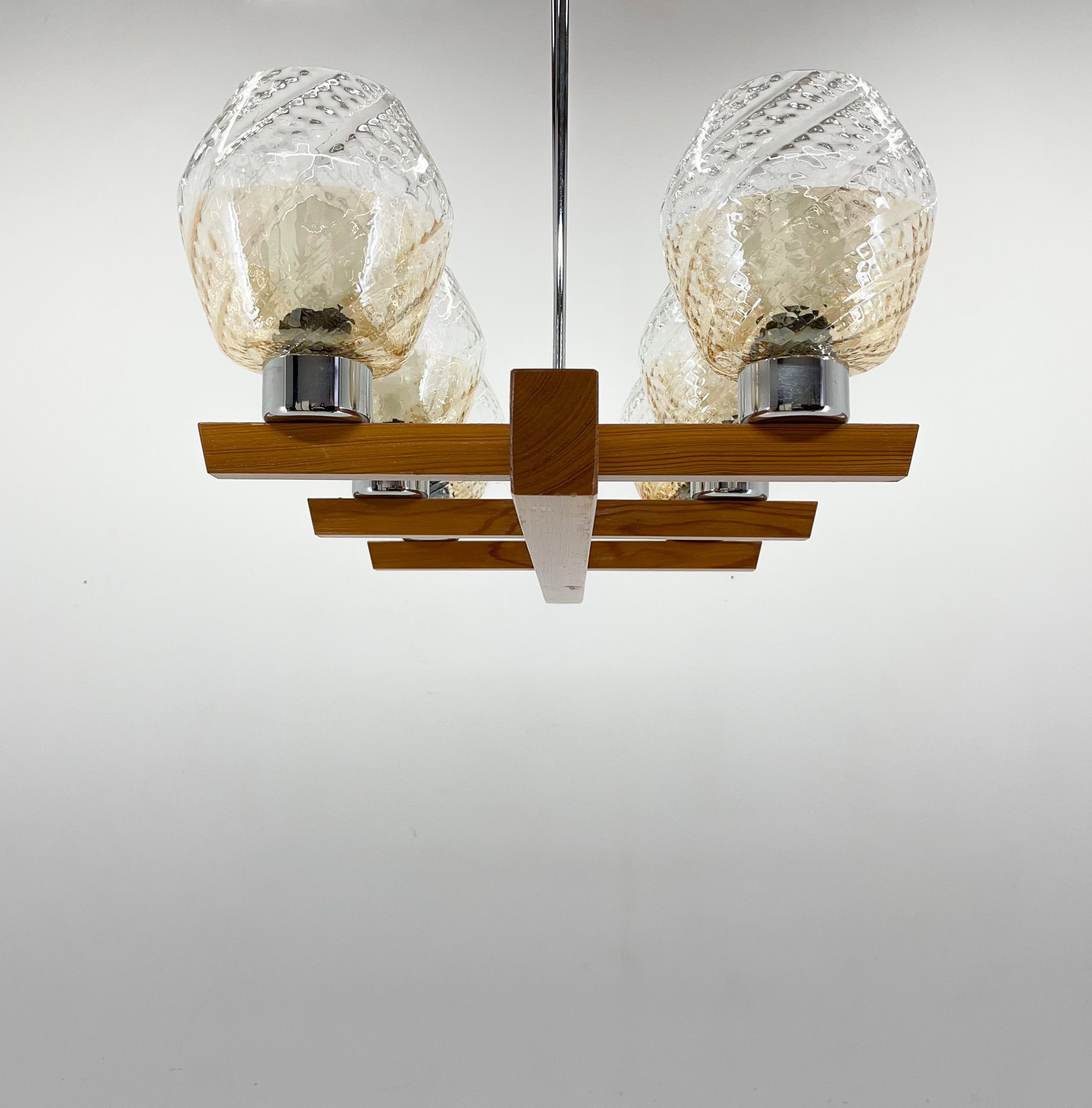 1970's Wood, Chrome & Glass Chandelier by Elektroinstala Decin, Labeled
