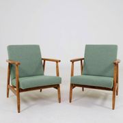 Pair of vintage long chairs mint green bouclé 1970