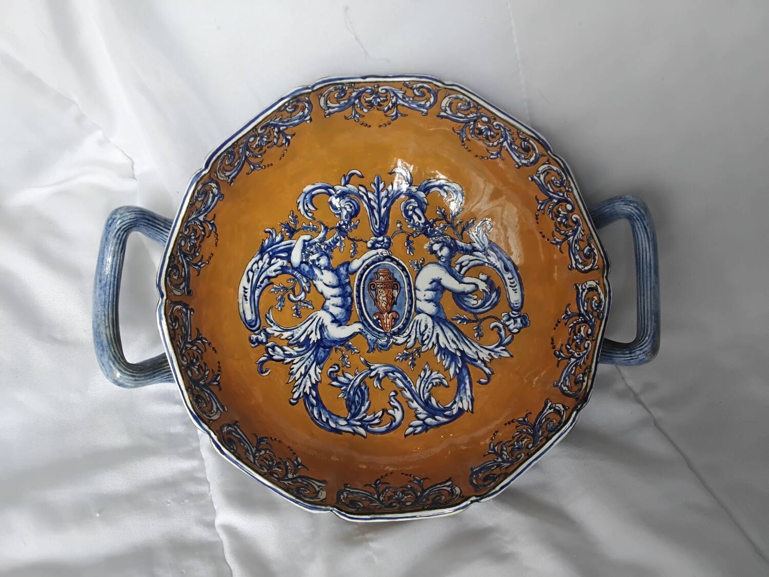 Gien earthenware bowl with handles, Francois I decor, 1860