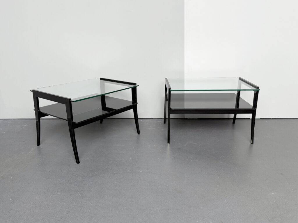 Pair of bedside tables, bedside consoles, black lacquer with glass tops, Italy, 1970s