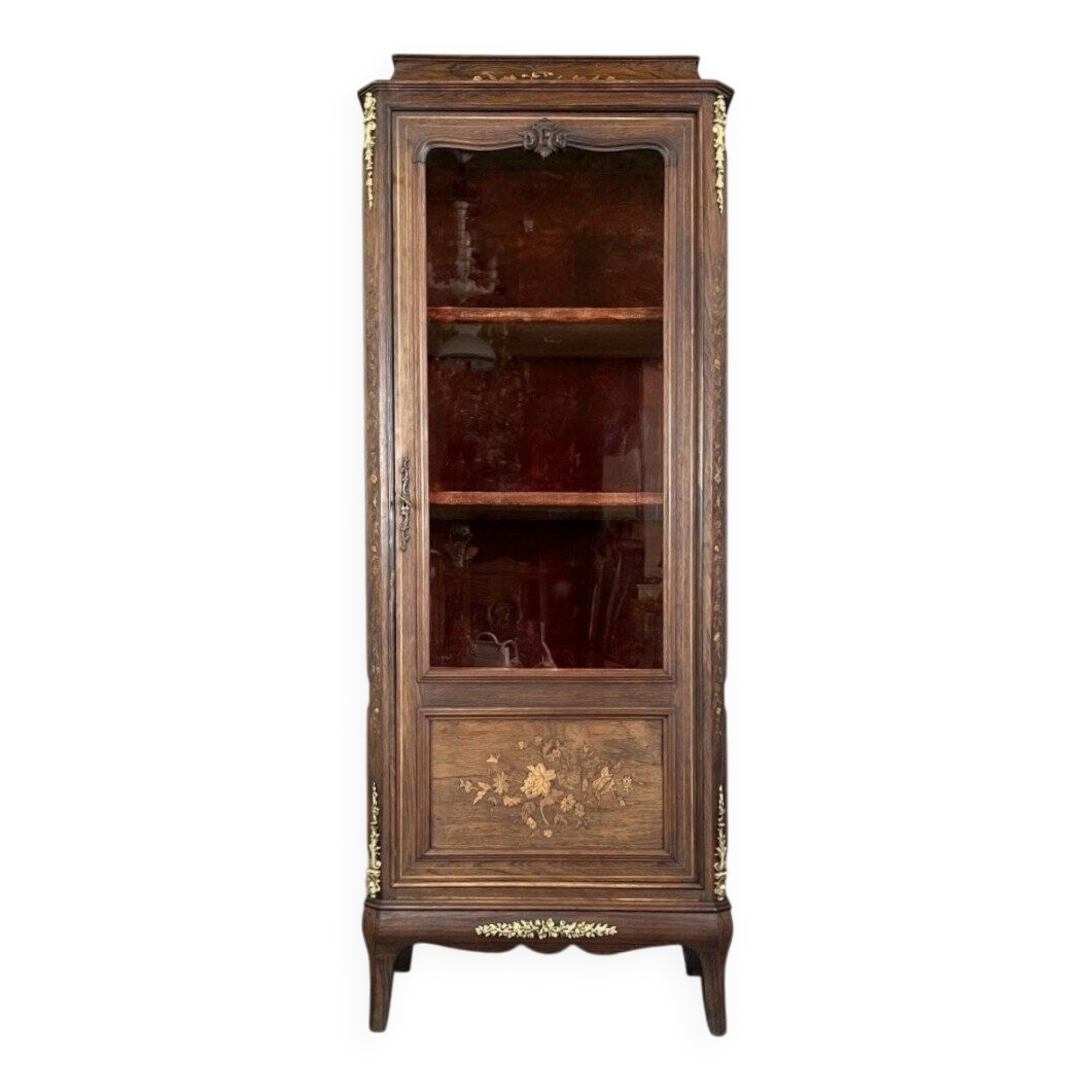Vitrine ancienne en marqueterie et bronze, XIXème siècle