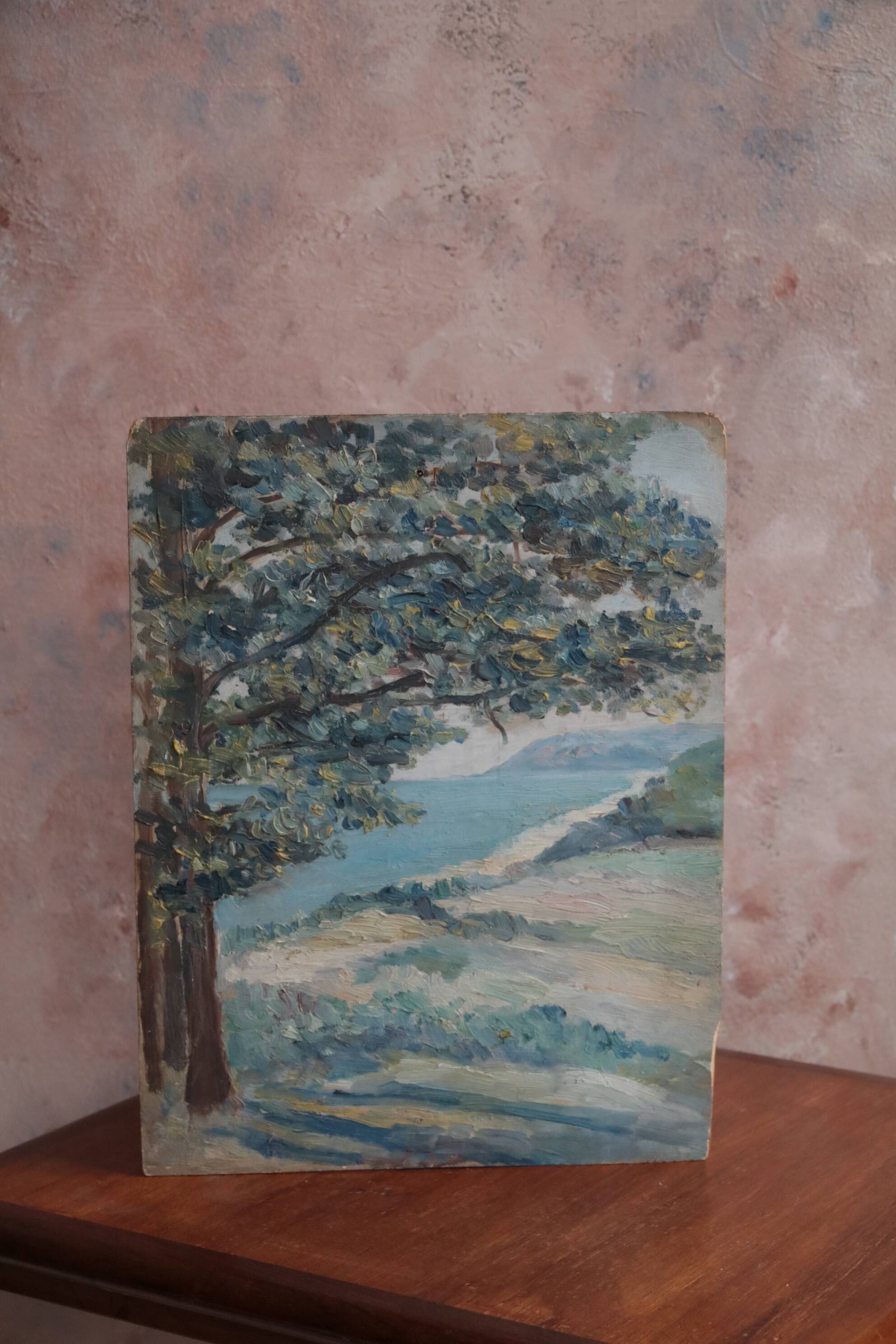 Oil painting on wood seaside landscape