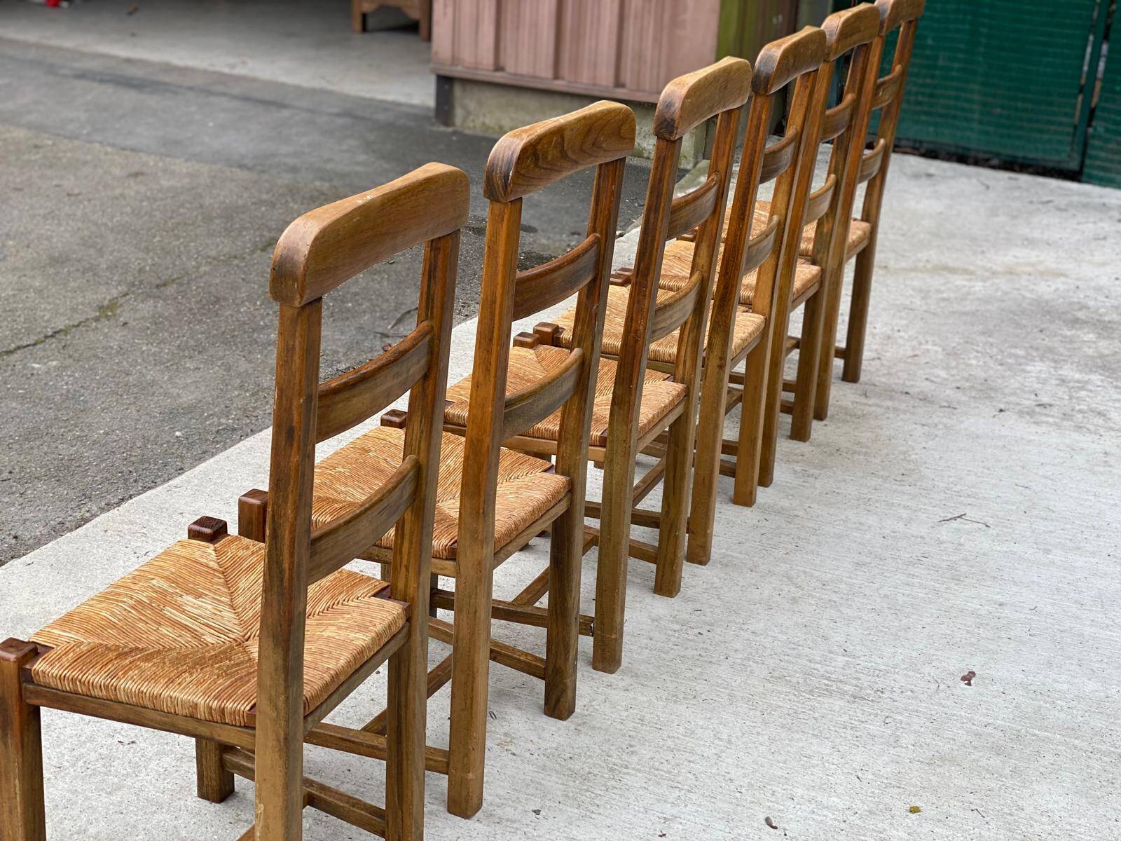 6 vintage solid oak wood straw dining chairs