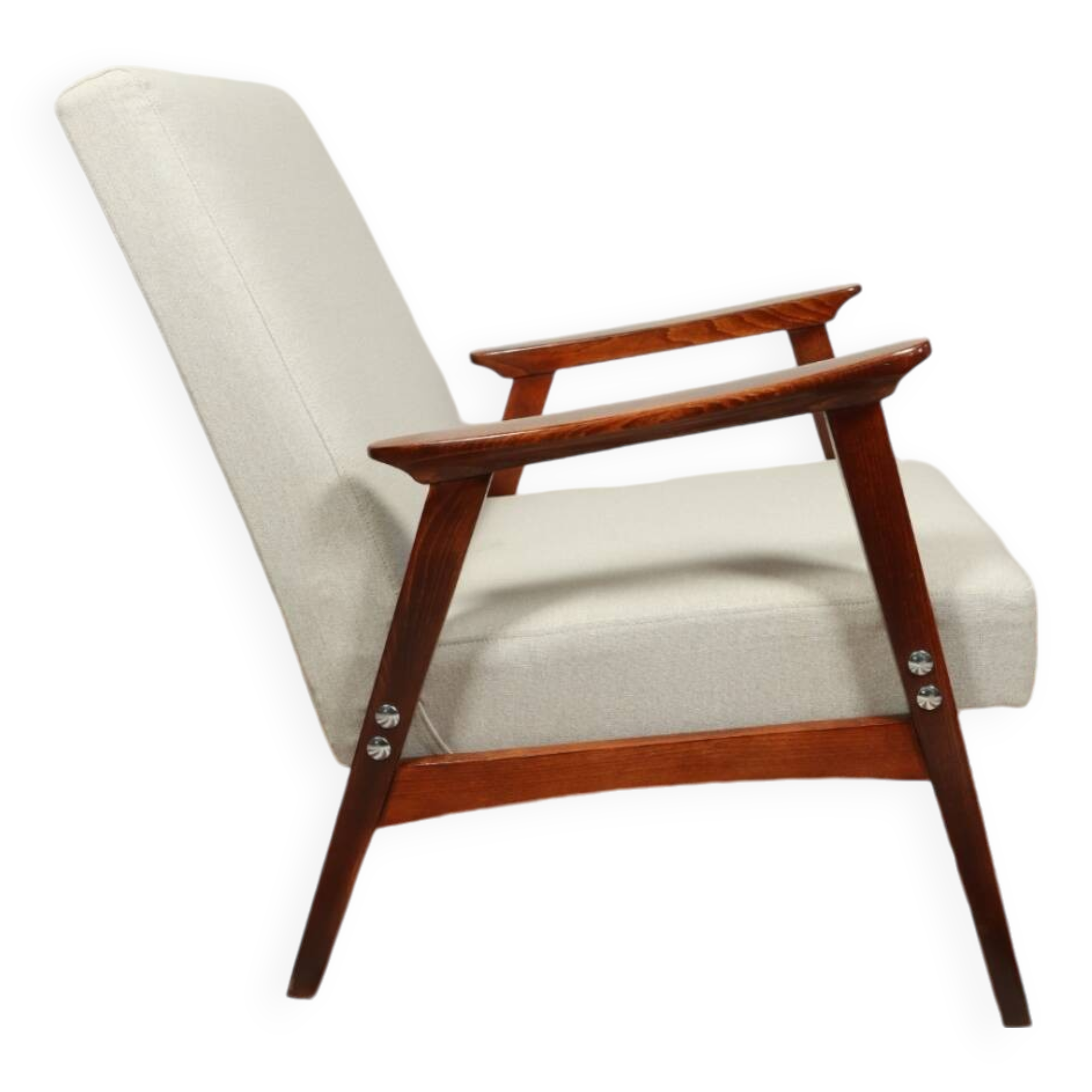 Vintage light gray armchair dark wood Scandinavian design 1970