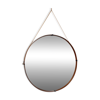 Vintage Italian Teak Round Mirror from the 70s