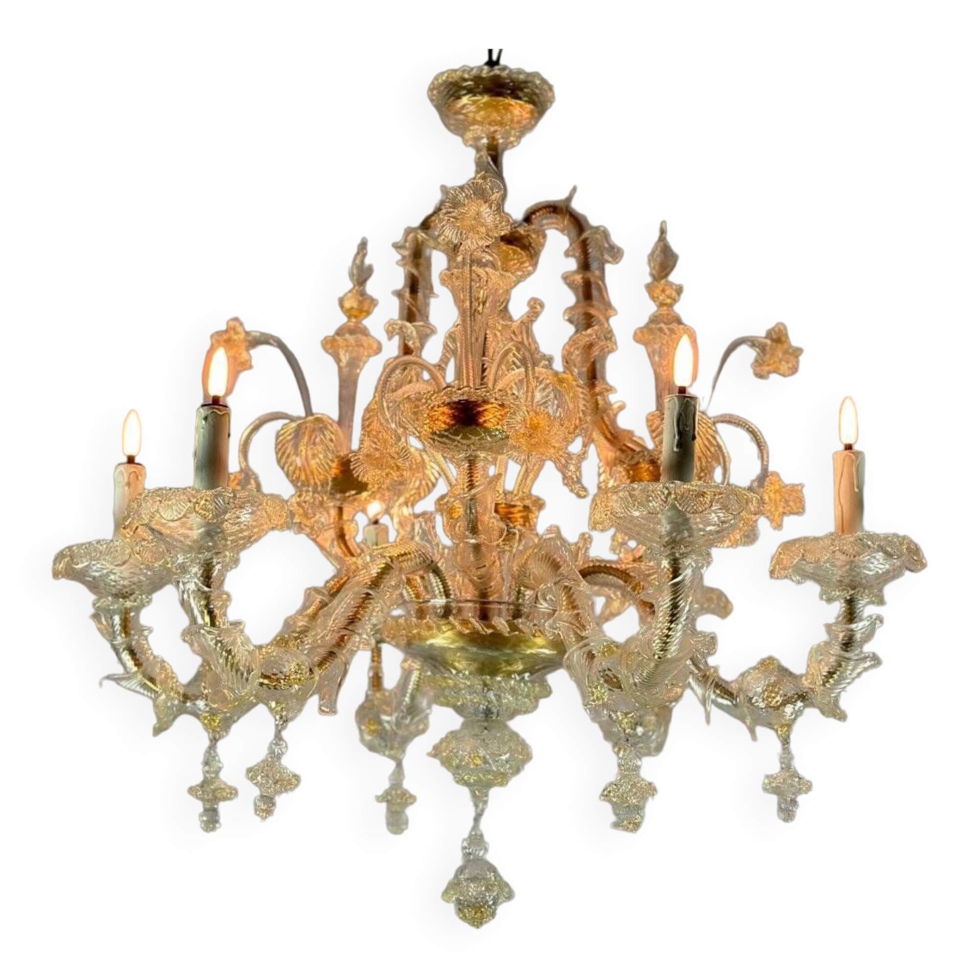 Venetian rezzonico chandelier in golden murano glass, 6 arms of light circa 1930