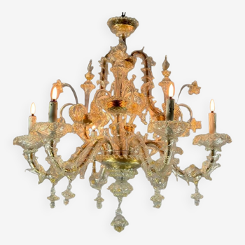 Venetian rezzonico chandelier in golden murano glass, 6 arms of light circa 1930