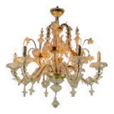 Venetian rezzonico chandelier in golden murano glass, 6 arms of light circa 1930