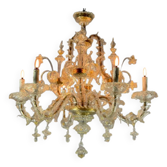Venetian rezzonico chandelier in golden murano glass, 6 arms of light circa 1930