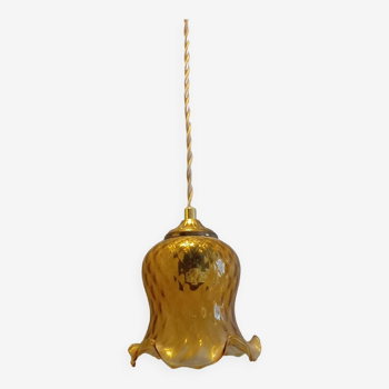 Vintage amber tulip portable lamp, gold textile cord