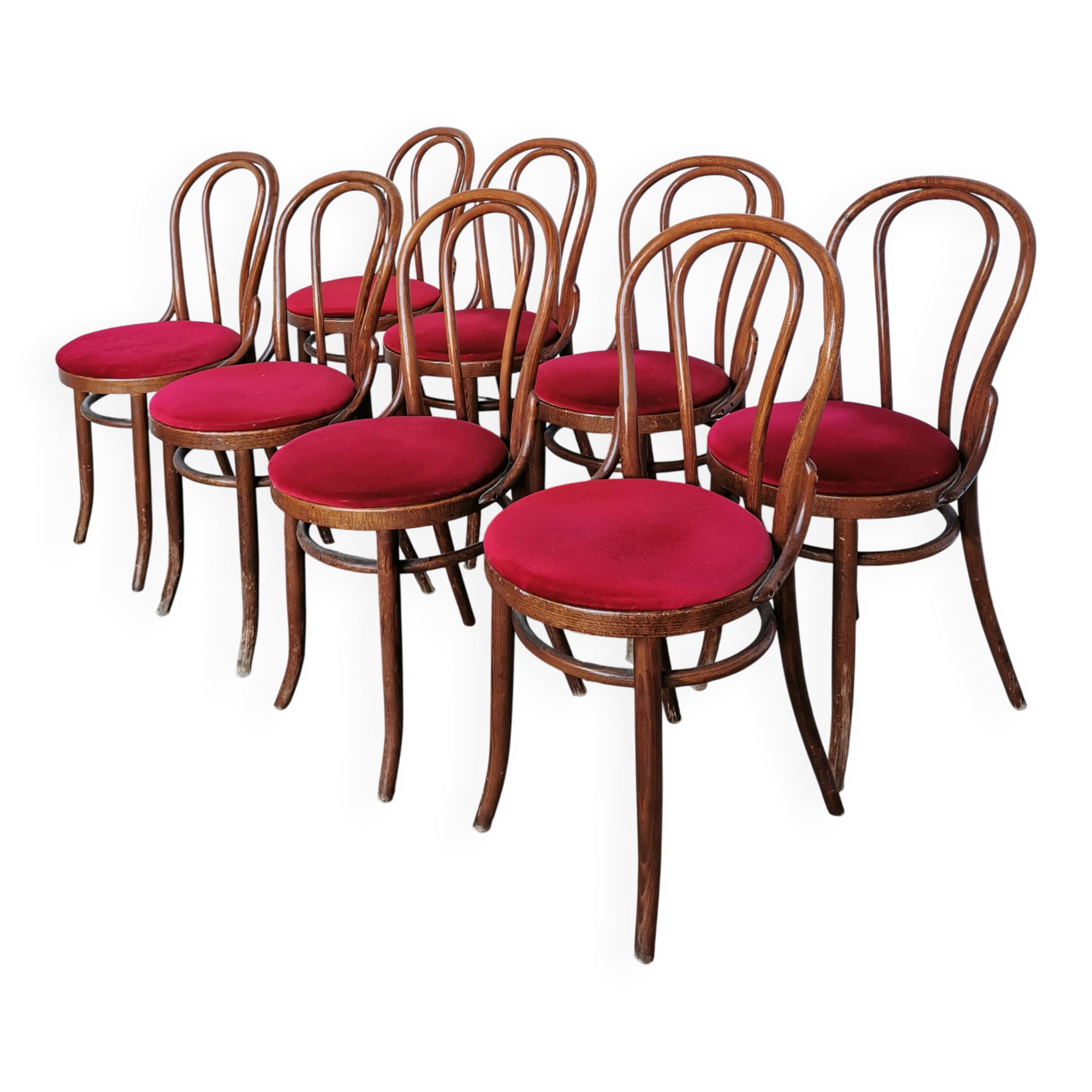 Set of 8 Vintage Bentwood Bistro Chairs: Red Upholstery