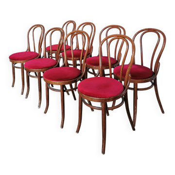 Set of 8 Vintage Bentwood Bistro Chairs: Red Upholstery
