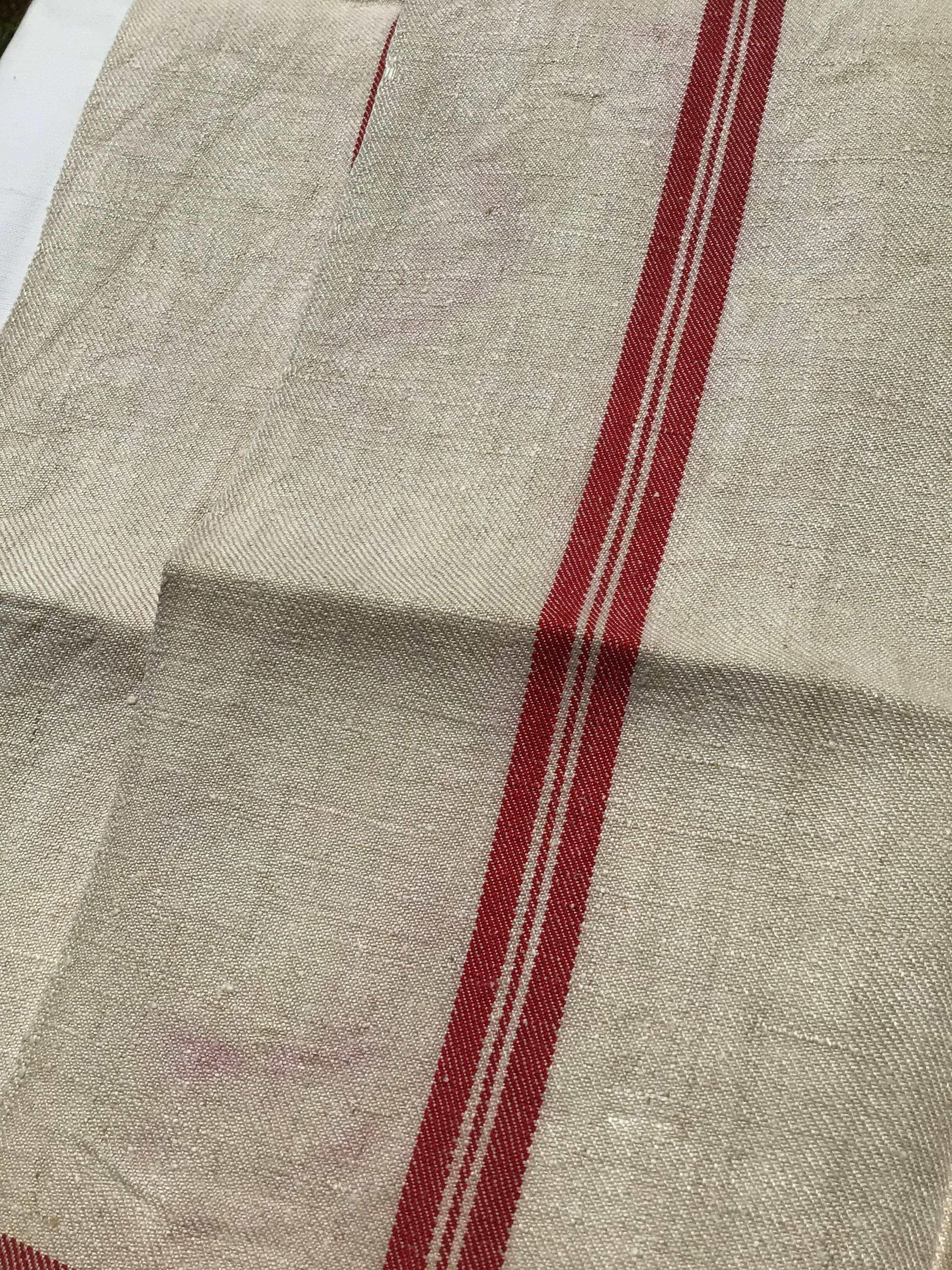 Pair new linen towels embroidered BR triple red stripe