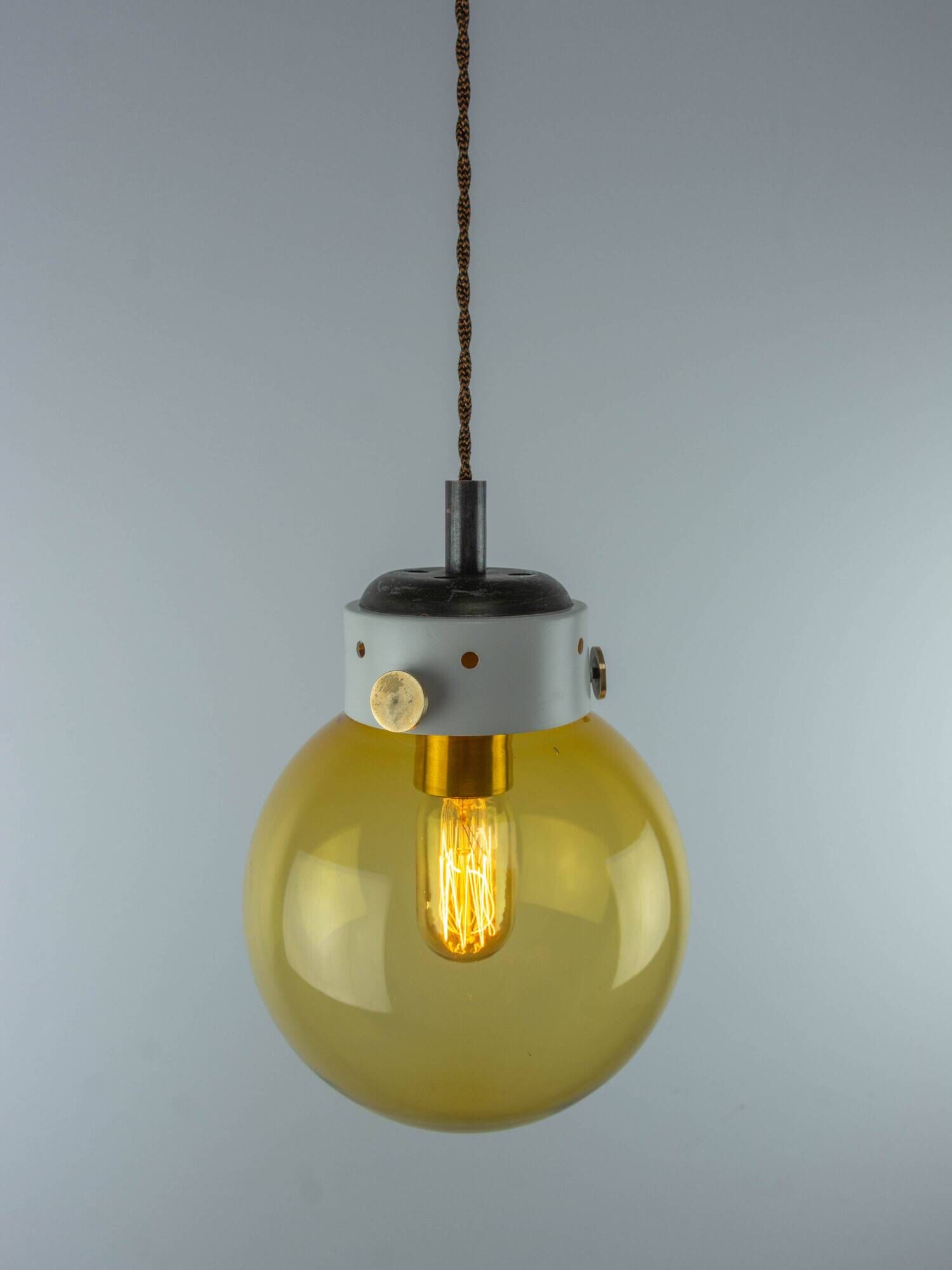 Industrial Vintage Mid-Century Modern Amber Glass And Brass Metal Lamp