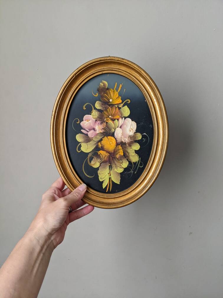 Tableau ancien cadre ovale nature morte fleurs campagne acrylique sur bois