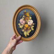 Antique painting oval frame still life countryside flowers acrylic on wood