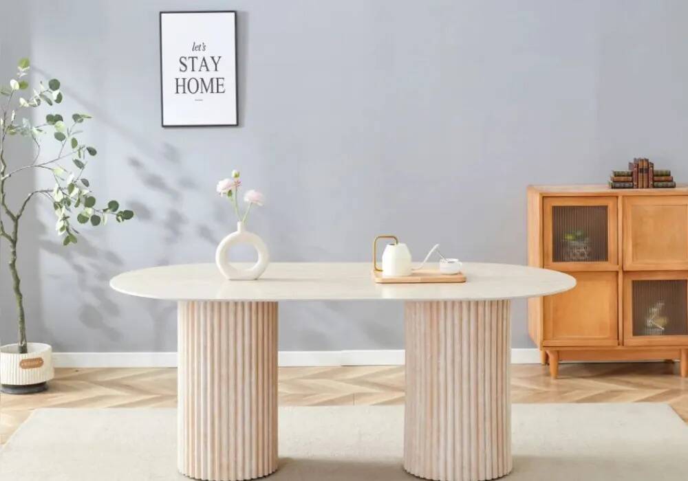 Keysha dining table oval travertine ceramic glossy top