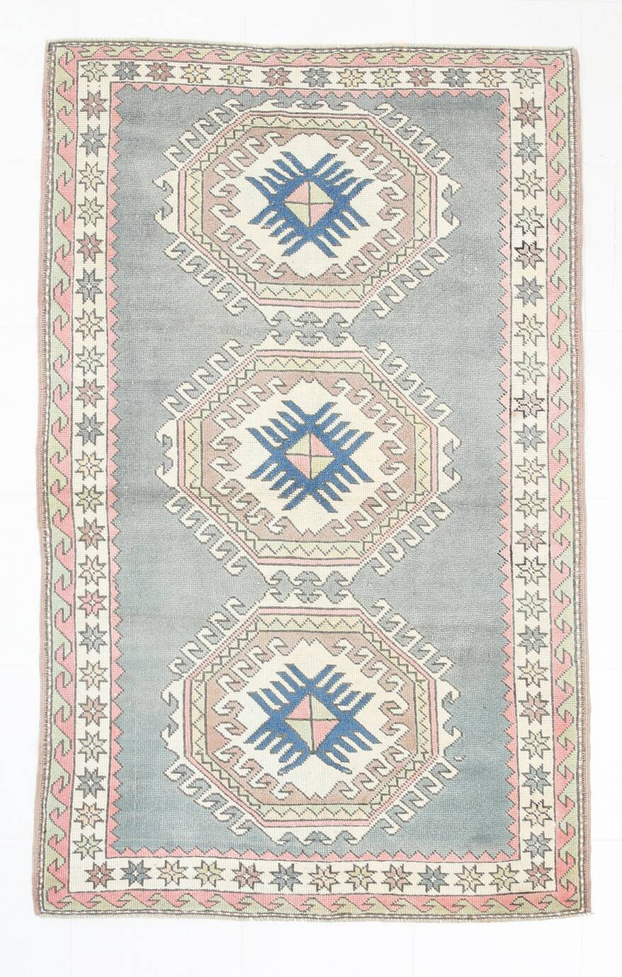 4x7 Vintage Oushak Area Rug, Beige & Grey Turkish Pattern Rug, 128x206 Cm