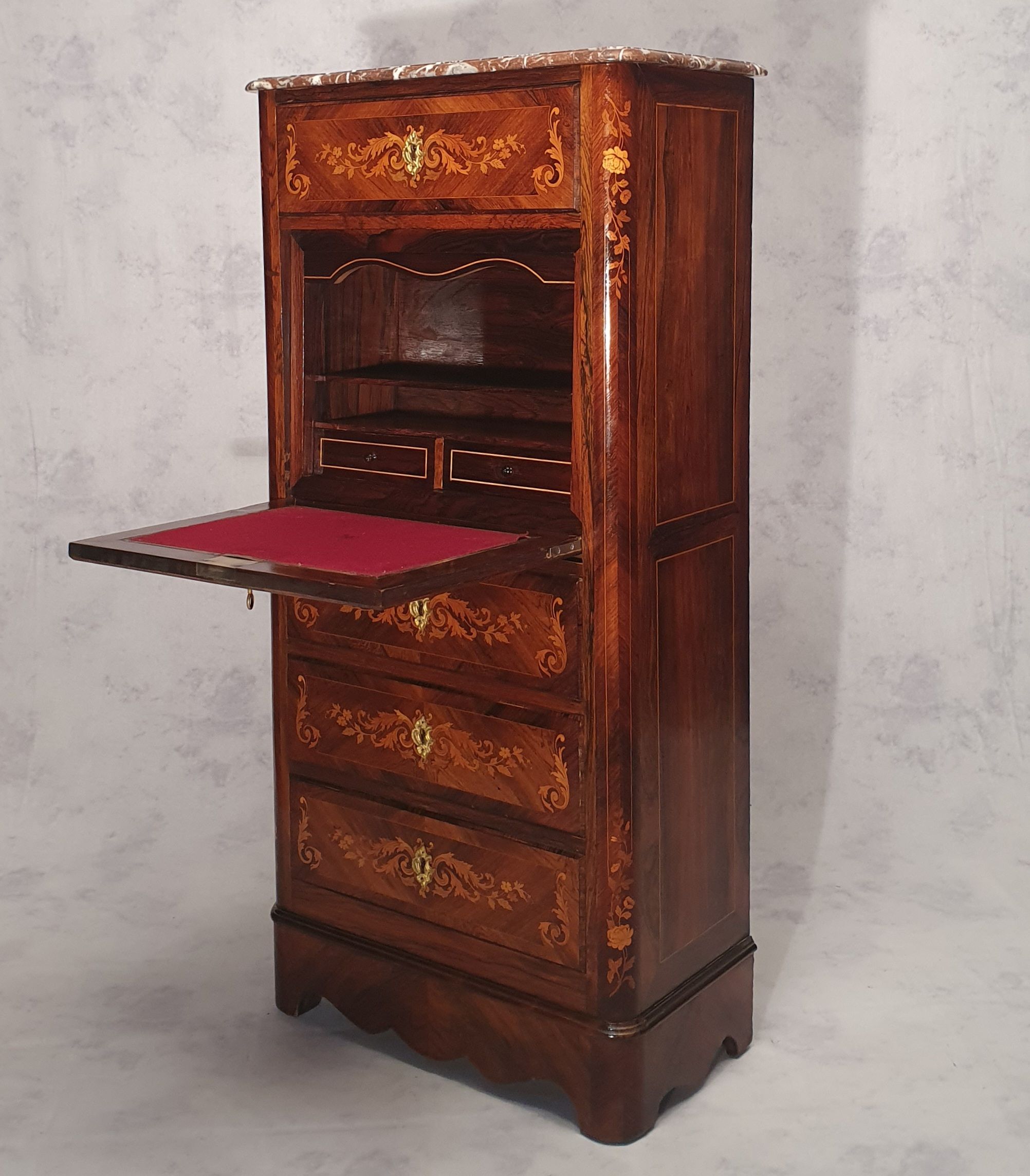 Secretary-Right Period Napoleon III - Rich Floral Marquetry - 19th - Palissandre