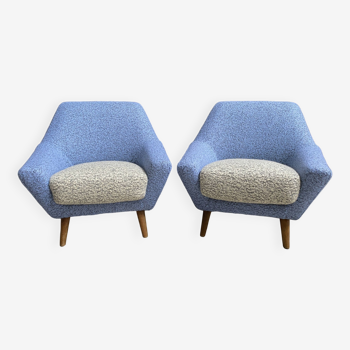 ensemble de deux chaises en laine bleue et blanche années 1960