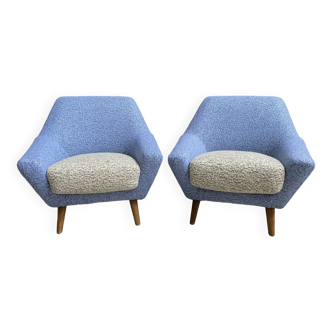 ensemble de deux chaises en laine bleue et blanche années 1960