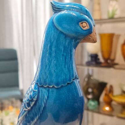 Turquoise glazed ceramic cockatoo parrot statuette 30 cm