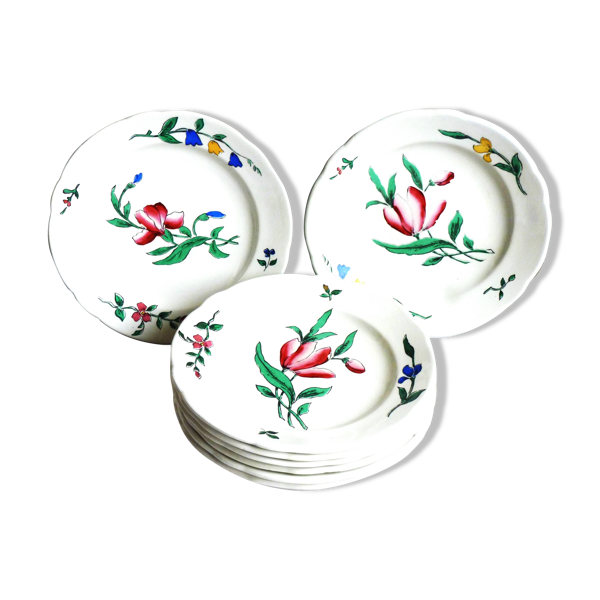8 assiettes à dessert au décor floral peint mains, assiettes plates.