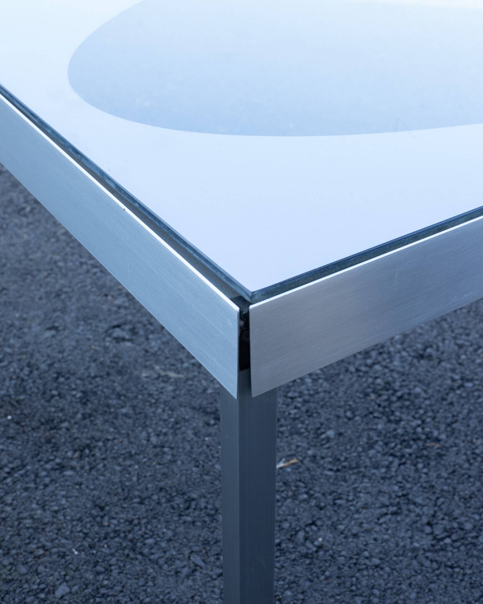 Glass coffee table with brushed aluminum legs, 1970