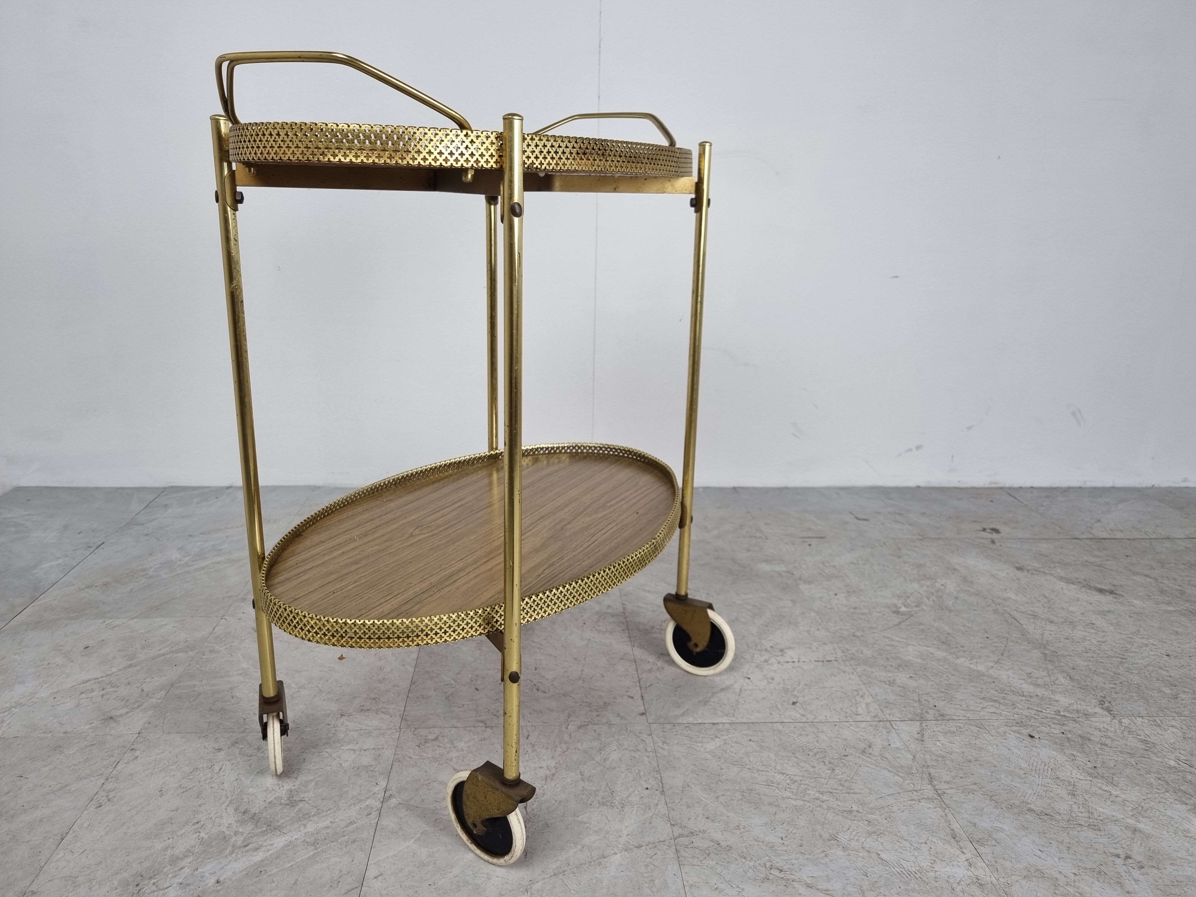 Mid century brass and wood serving trolley, 1950s