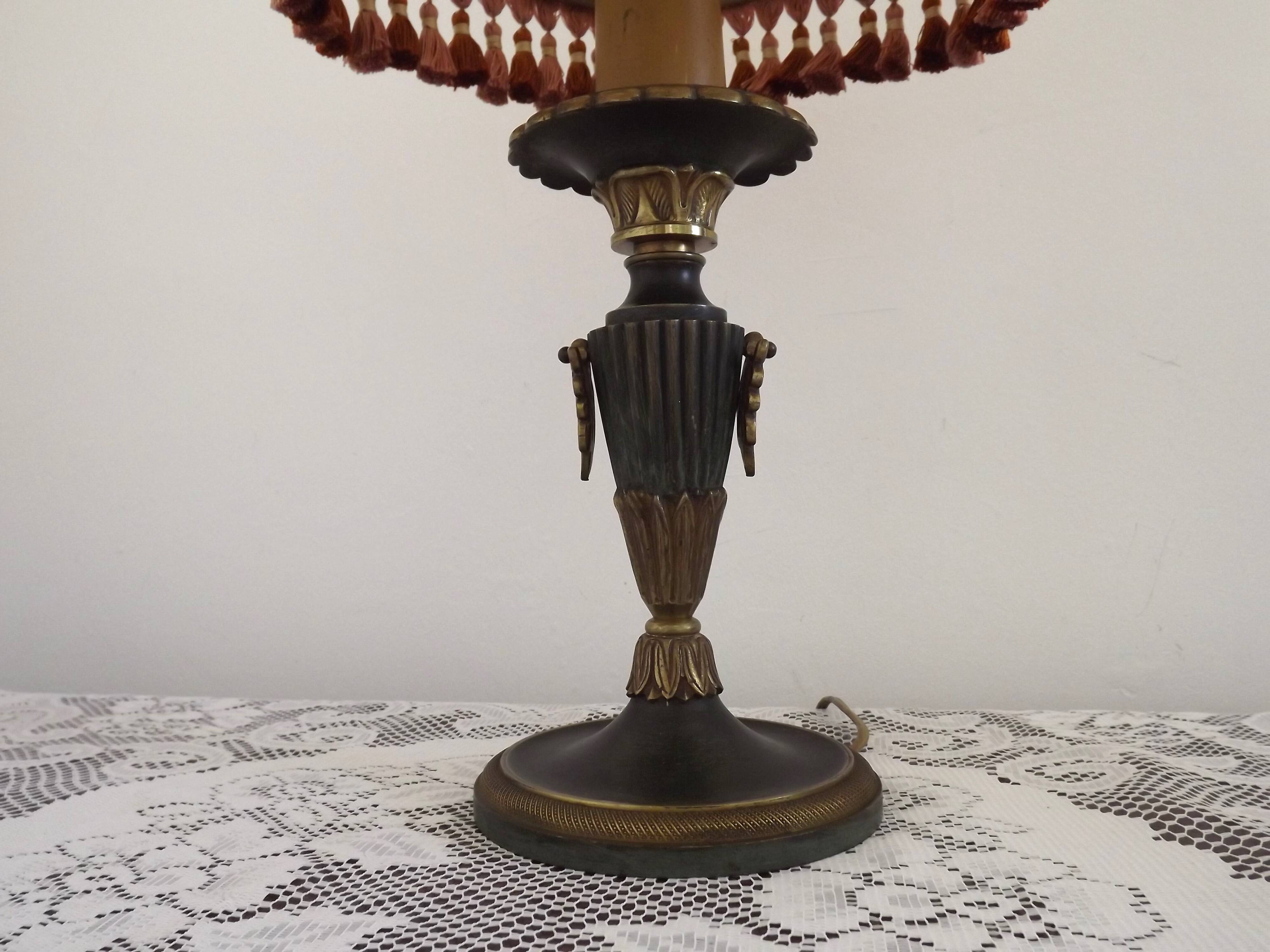 French Empire Style Green & Gold Brass Candlestick Table Lamp & Hide Shade