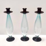 Ensemble postmoderne de trois bougeoirs en verre de Murano aigue-marine et marron, Italie
