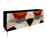 Mid-Century Italian Sideboard, Colorful Glass and Brass, Geometric Design.