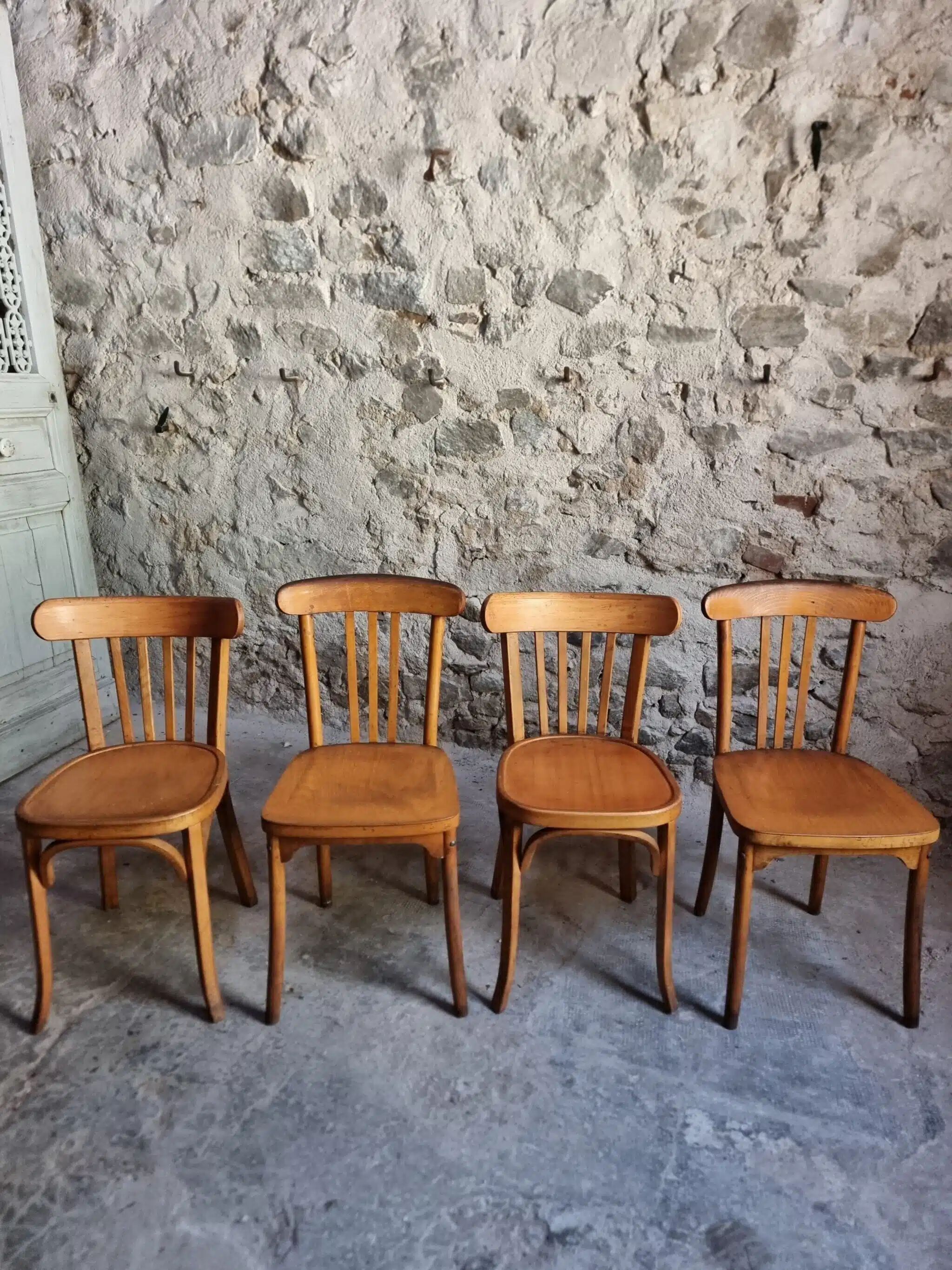 Ensemble vintage de 4 chaises bistrot françaises par Baumann & Luterma, bois de hêtre, années 1950