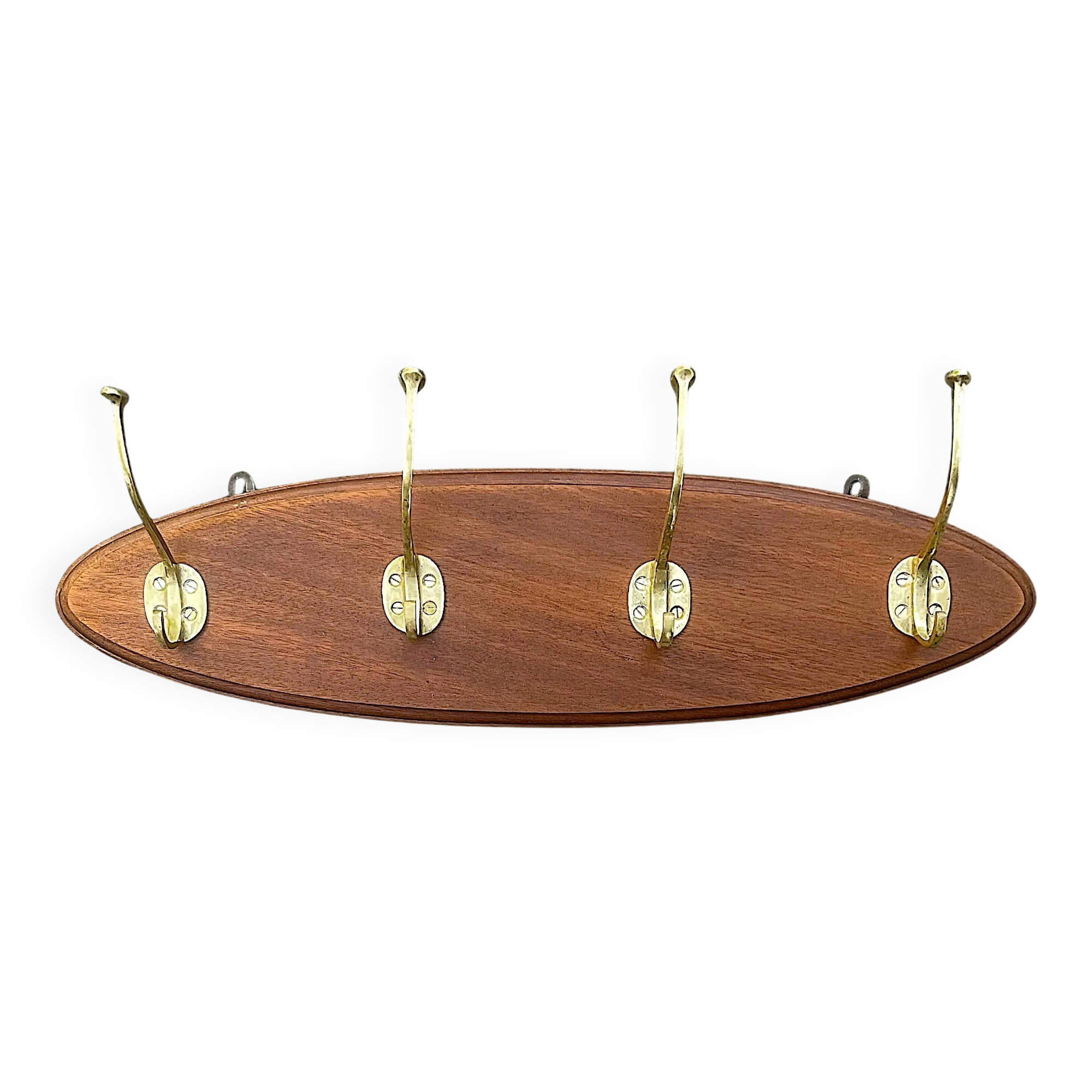 Vintage wooden wall coat rack with 4 double brass hooks – 1950s-60s