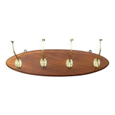 Ancien portemanteau mural en bois avec 4 doubles crochets en laiton – années 50-60
