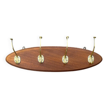 Vintage wooden wall coat rack with 4 double brass hooks – 1950s-60s