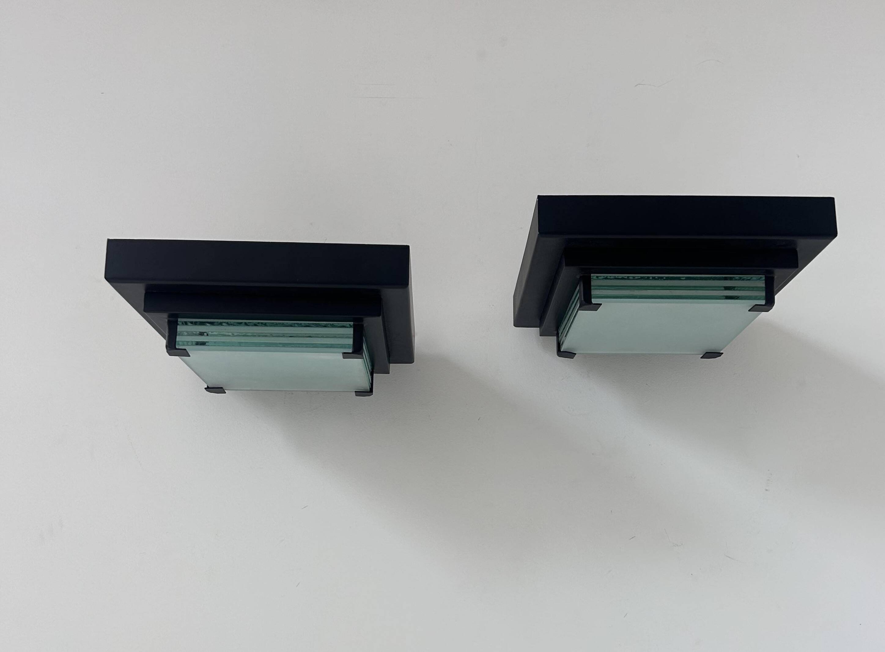 Pair of vintage post modernist wall lights, glass and sandblasted glass, France 1980