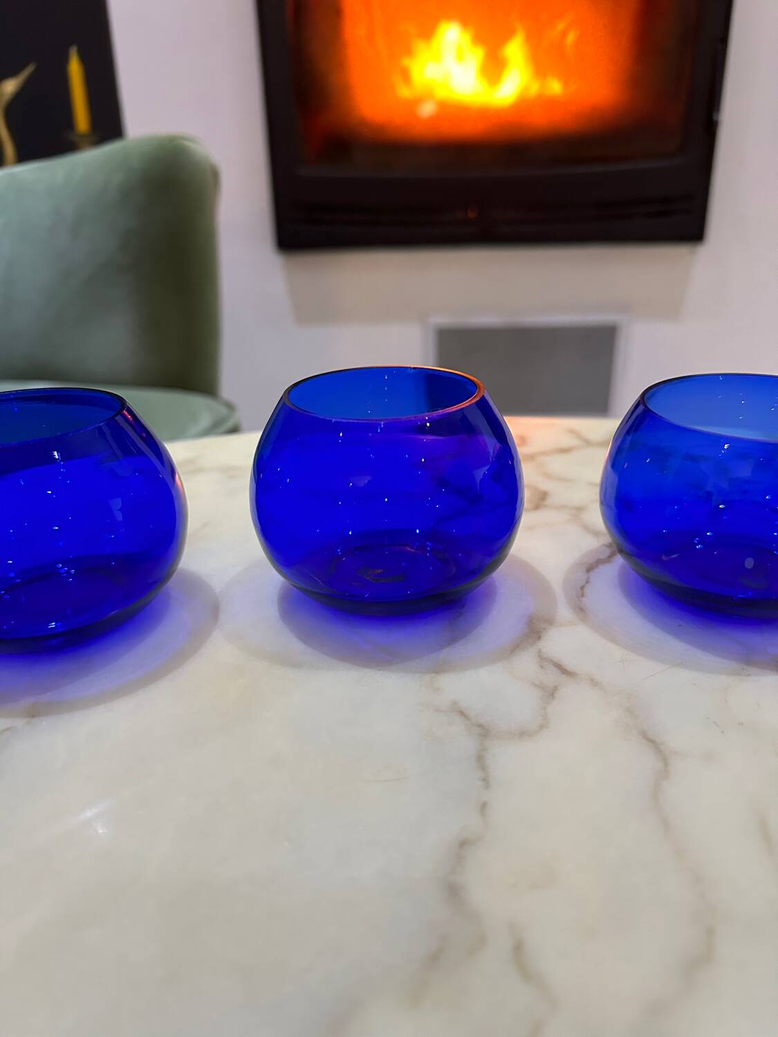 Set of 3 blue glass candle holders