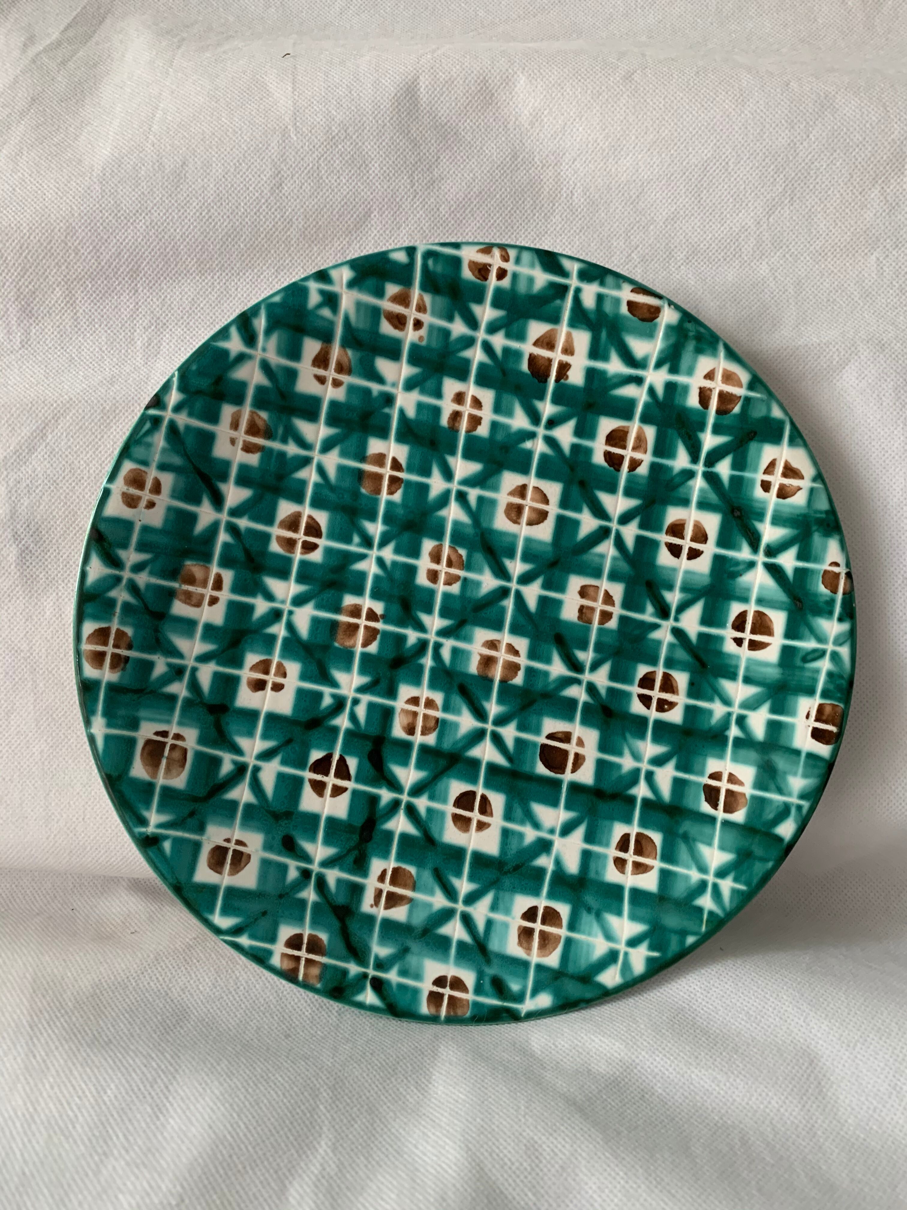 Green and red enamelled ceramic plate Robert Picault Vallauris 1960