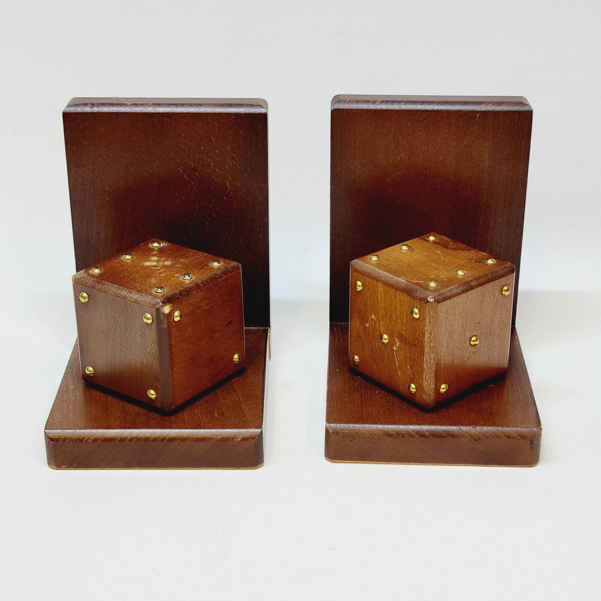 Pair of French Art Deco Wooden Bookends with Dice
