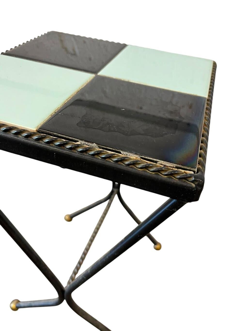 Vintage side table/plant table in mint blue and black ceramic