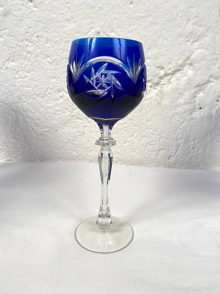 Bohemia. Series of six cut crystal wine glasses from the Rhine in blue.