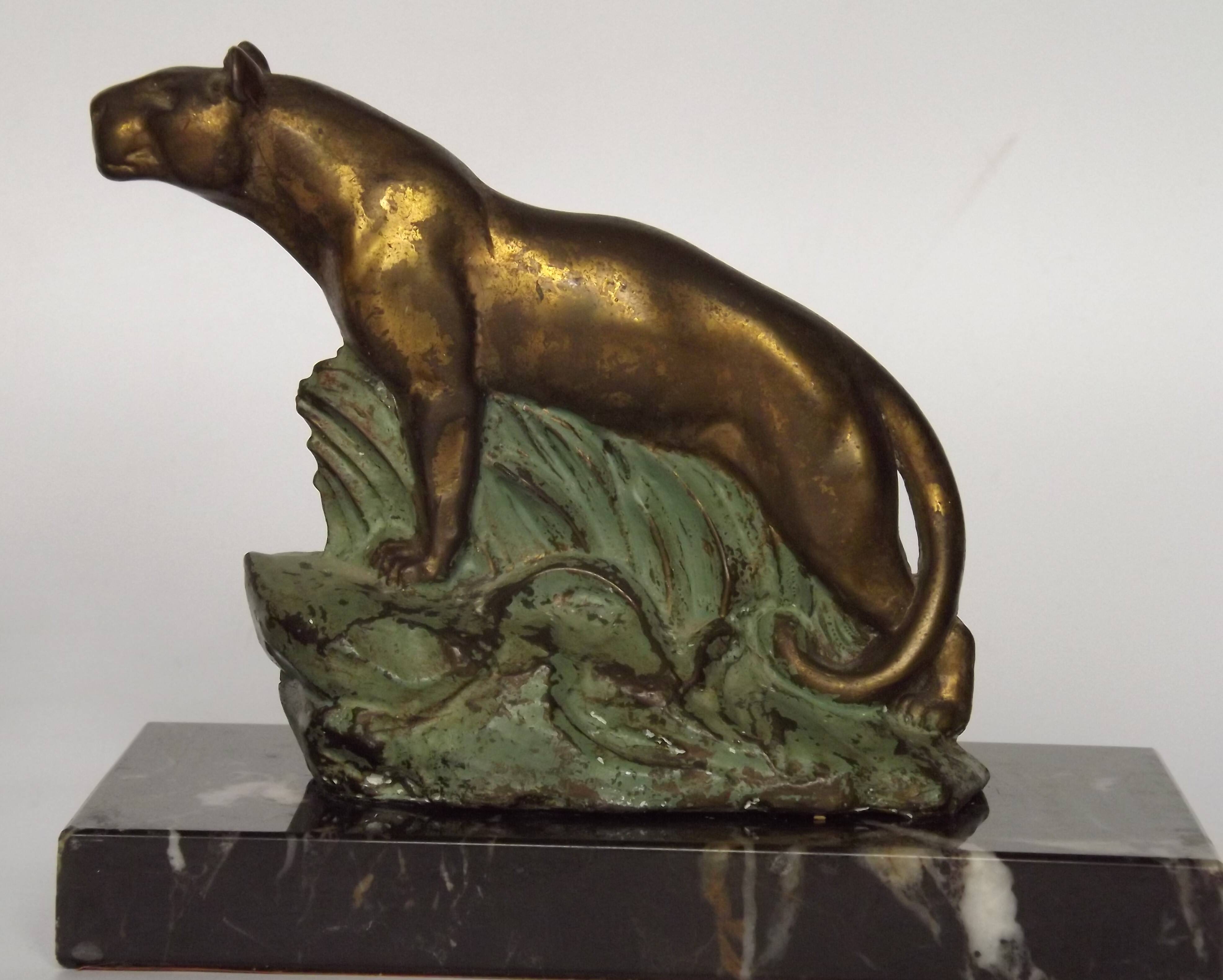Vintage French Art Deco Panther Book Ends - Marble and Metal Bookends
