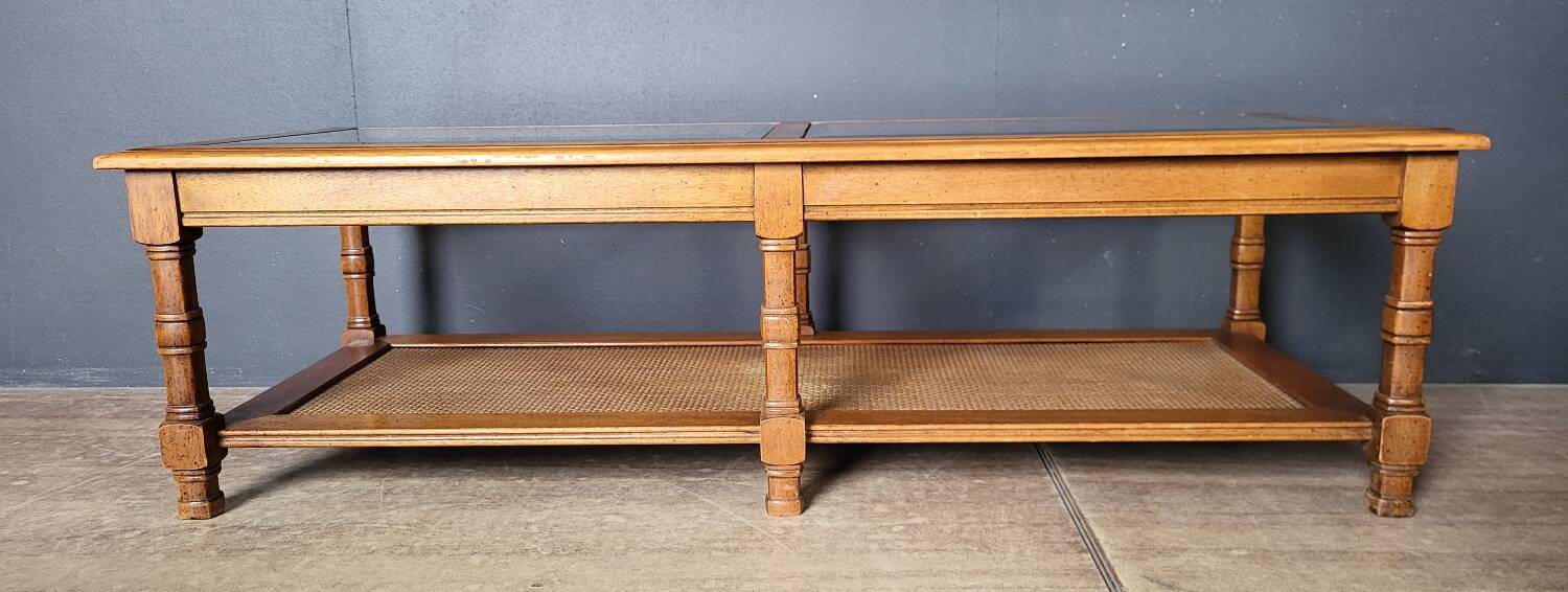 Authentic old coffee table in solid wood and rattan, beveled glass top